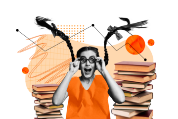 Composite photo collage of excited girl nerd hold glasses braids book stack student education magazine isolated on painted background