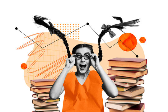 Composite photo collage of excited girl nerd hold glasses braids book stack student education magazine isolated on painted background