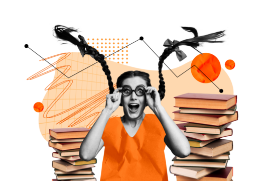Composite photo collage of excited girl nerd hold glasses braids book stack student education magazine isolated on painted background