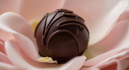 A dark chocolate truffle with decorative swirls nestled among delicate pink flower petals in soft focus ai generated