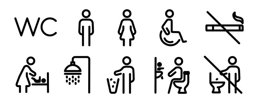 Toilet line icon set. WC and restroom signs including man, woman, shower, mother with baby, disabled, no smoking, and do not throw trash symbols. Vector illustration for public facilities.