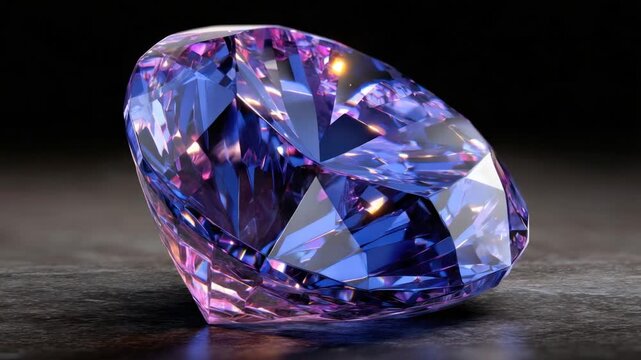 A faceted gemstone sparkles, displaying purple and blue hues, on a dark textured surface