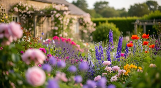 Blooming garden colorful flowers with house in background, showing beautiful backyard maintenance concept and floral decor for spring season.