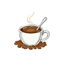 Steaming Coffee Cup with Beans and Spoon Illustration Vector