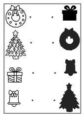 Christmas shadow matching worksheet for preschoolers. Match each festive image to its shadow. Improves observation and logic skills.
