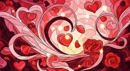 Stained glass style illustration featuring hearts roses and swirling patterns in red and pink hues ai generated