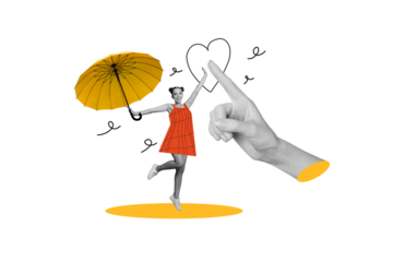 Composite trend artwork sketch image photo collage of huge hand finger touch young lady hold umbrella stand one leg windy autumn season