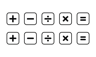 Black and white math symbols set showing addition, subtraction, multiplication, division, and equal signs inside square borders. Simple vector icons for education, learning, and calculation.