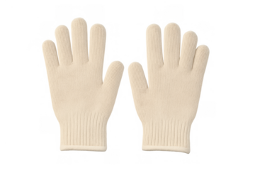 Pair of beige knitted work gloves ready protecting hands performing tasks on transparent background