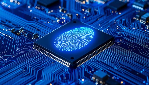 A glowing blue fingerprint on a central computer chip on a circuit board with glowing connections and components - Powered by Adobe