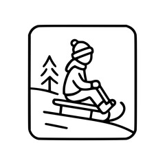 Winter vector illustration of child sledding downhill wearing hat and scarf with pine trees in background