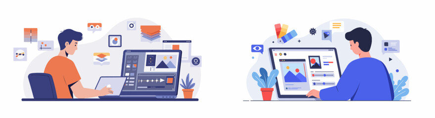 Creative professionals editing video and designing graphics, utilizing specialized software tools for digital content production workflow. © Muqodimatul