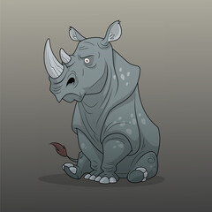Sad cartoon rhinoceros sitting with droopy eyes and soft shading, emotional animal character in muted tones, vector illustration for children’s media or conservation themes