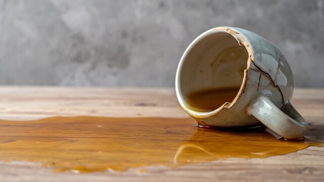 Broken Ceramic Mug Spilling Brown Liquid on Wooden Surface in Soft Light
