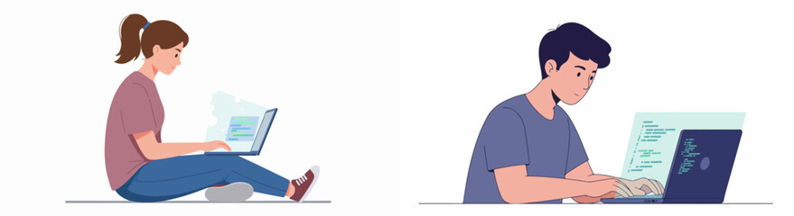 Young Male and Female Developers Coding on Laptops. Flat Design Illustration of Programming and Technology Work.