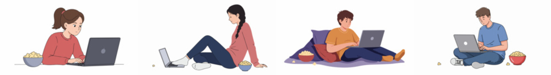 Illustration set of young people relaxing at home, working, studying, or watching movies on laptops while enjoying popcorn snacks.