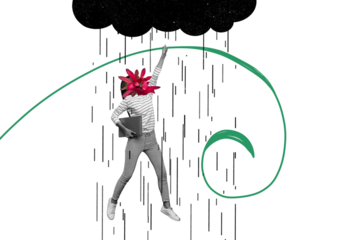 Trend artwork composite sketch collage of nature cloud sky rain bad weather woman job flower head hand hold laptop leave spring season