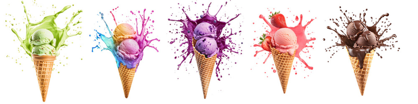 A selection of waffle cones with ice cream scoops in a splash of ice cream isolated on a transparent background PNG