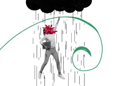 Trend artwork composite sketch collage of nature cloud sky rain bad weather woman job flower head hand hold laptop leave spring season - Powered by Adobe