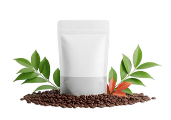 Blank white pouch bag surrounded by coffee beans and green leaves for product mockup presentation