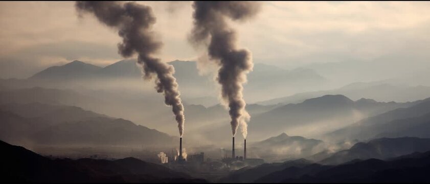 Atmospheric Pollution: Dramatic plumes of smoke billow from industrial chimneys, casting a pall over a tranquil mountain landscape, symbolizing the environmental impact of pollution.