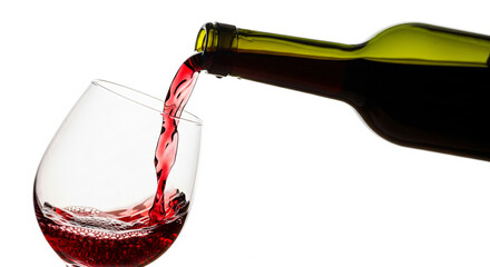 Red wine, pouring in a wine glass from the bottle over white background