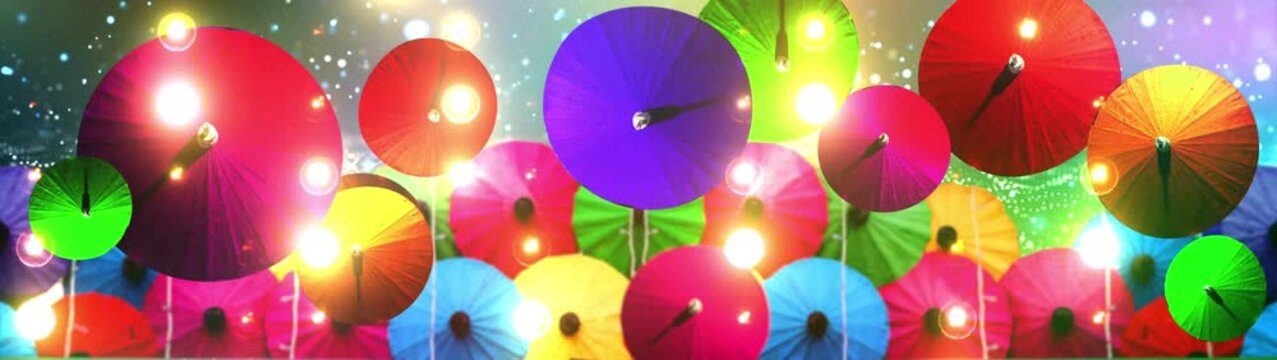 Vibrant Colorful Asian Paper Umbrellas Background Loop with Glowing Bokeh