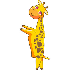Stylized cartoon giraffe with yellow orange body brown spots and pink eyes standing against a white background