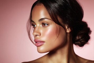 Fototapeta premium Stunning beauty portrait showcasing radiant skin and elegant makeup against a soft pink backdrop