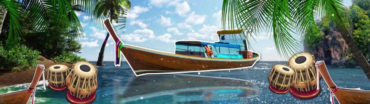 Tropical Travel Collage Background with Thailand Longtail Boat, Tabla Drums, and Palm Trees