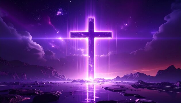A glowing neon cross stands in a surreal, purple-toned landscape with mountains, water, and cloud-filled sky