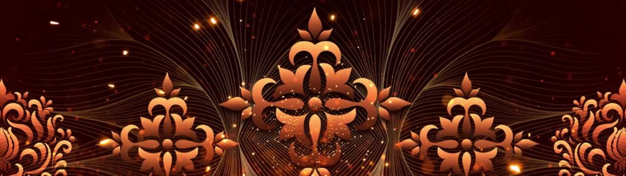 Thai Regal Golden Floral Swirl Pattern Background Loop with Copper Accents and Sparkles