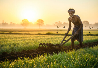 Fototapeta premium Farmers plowing rice fields in Southeast Asia