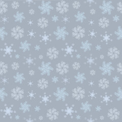 Seamless pattern featuring various shapes of snowflakes in white and blue. Plain gray background for wallpaper, Christmas decorations, textiles, posters, handkerchiefs.