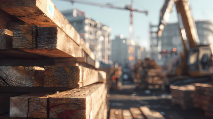 Wooden beams stacked on a construction site. In the background are various heavy machinery and buildings under construction. A symbol of industry and progress.
