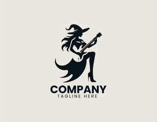 Fototapeta premium Witch holding electric guitar in creative fantasy vector logo design illustration