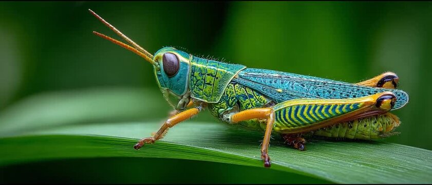 Grasshopper on Leaf: A vibrant and detailed image of a grasshopper resting on a leaf, highlighting its intricate patterns and colors. Emphasizing the marvels of insect life.