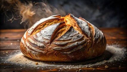 A freshly baked loaf of sourdough bread sits on a rustic wooden table, dusted with flour, its golden crust gleaming under soft light, steam rising gently, inviting a taste