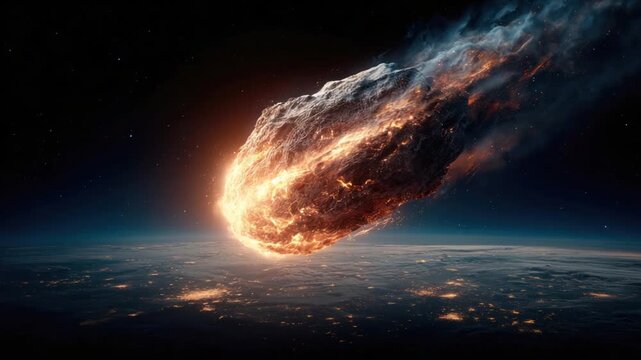 A flaming asteroid streaks through space towards Earth, illuminating a city below
