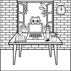 Workspace graphic black white home interior sketch illustration vector 