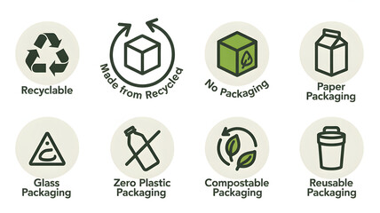 Eco-friendly packaging icons highlight sustainability commitments like recyclability and zero plastic use for conscious brands