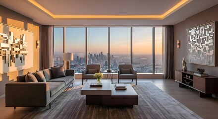 A penthouse suite with elegance living area and panoramic window