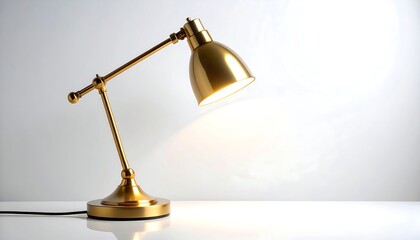 A golden desk lamp illuminates a white surface with a bright light and subtle shadows on a gradient background