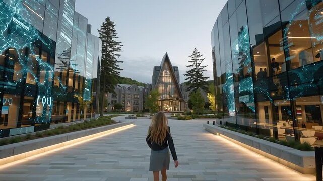 Urban Exploration: A woman walks toward a futuristic building. She's immersed in an awe-inspiring urban landscape. The architectural marvels cast a spell of wonder. 