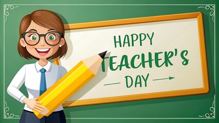 A cheerful cartoon teacher with glasses holds a giant yellow pencil in front of a green chalkboard that reads happy teachers day in white lettering, creating a warm, educational vibe