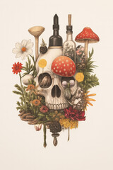 Botanical Skull Illustration &ndash; Symbolic Composition with Mushrooms, Flowers, and Apothecary Bottles.