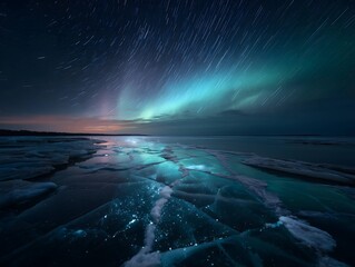 Long exposure of melting Arctic glacier under aurora lights, symbolizing climate crisis, beauty, and fragility of polar nature.