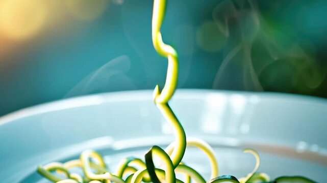 Spiral zucchini noodles with natural beauty: close-up shot of delicately arranged zucchini noodles, their vibrant green hues illuminated against the background.