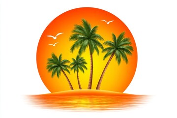 Circular icon of beach scene with sunset and gradient background