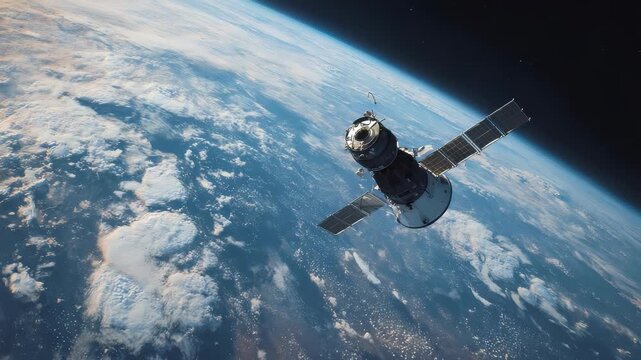 High resolution image of a satellite in low Earth orbit, showcasing the curvature of the planet and cloud formations. This scene highlights innovation in aerospace and satellite communications